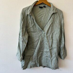 Tahari Sage Green Linen Popover Blouse Womens XL Boxy Lagenlook Boho Top